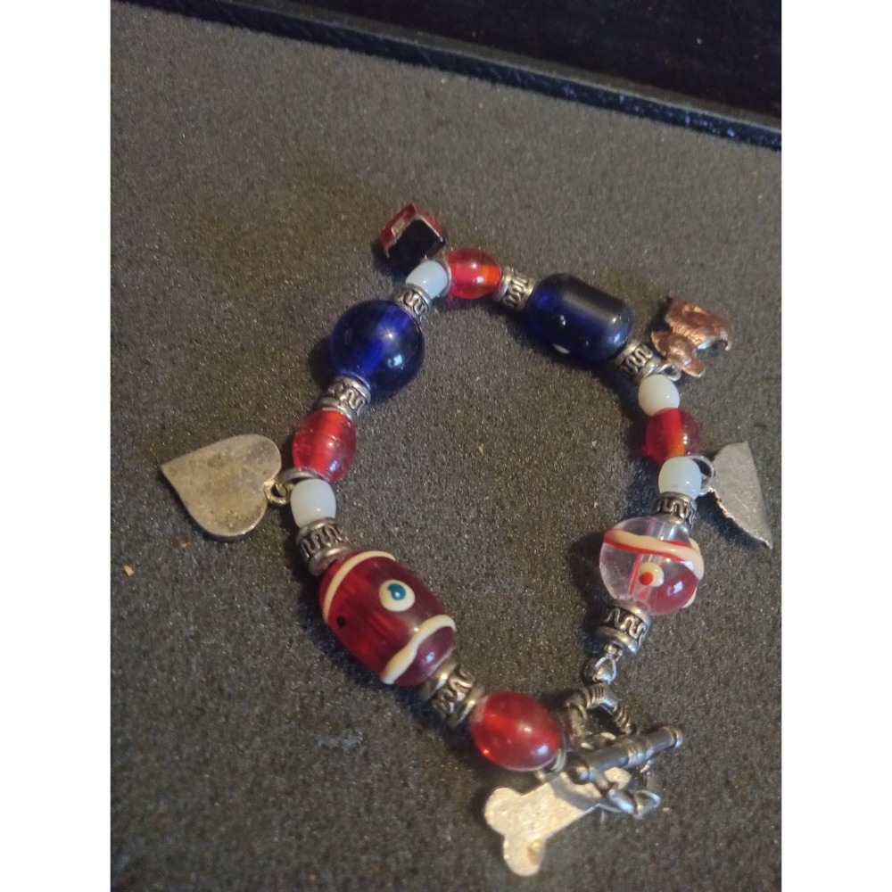 Vintage Dog Lover Charm Bracelet Red Blue Glass Lampwork Beads Toggle Clasp